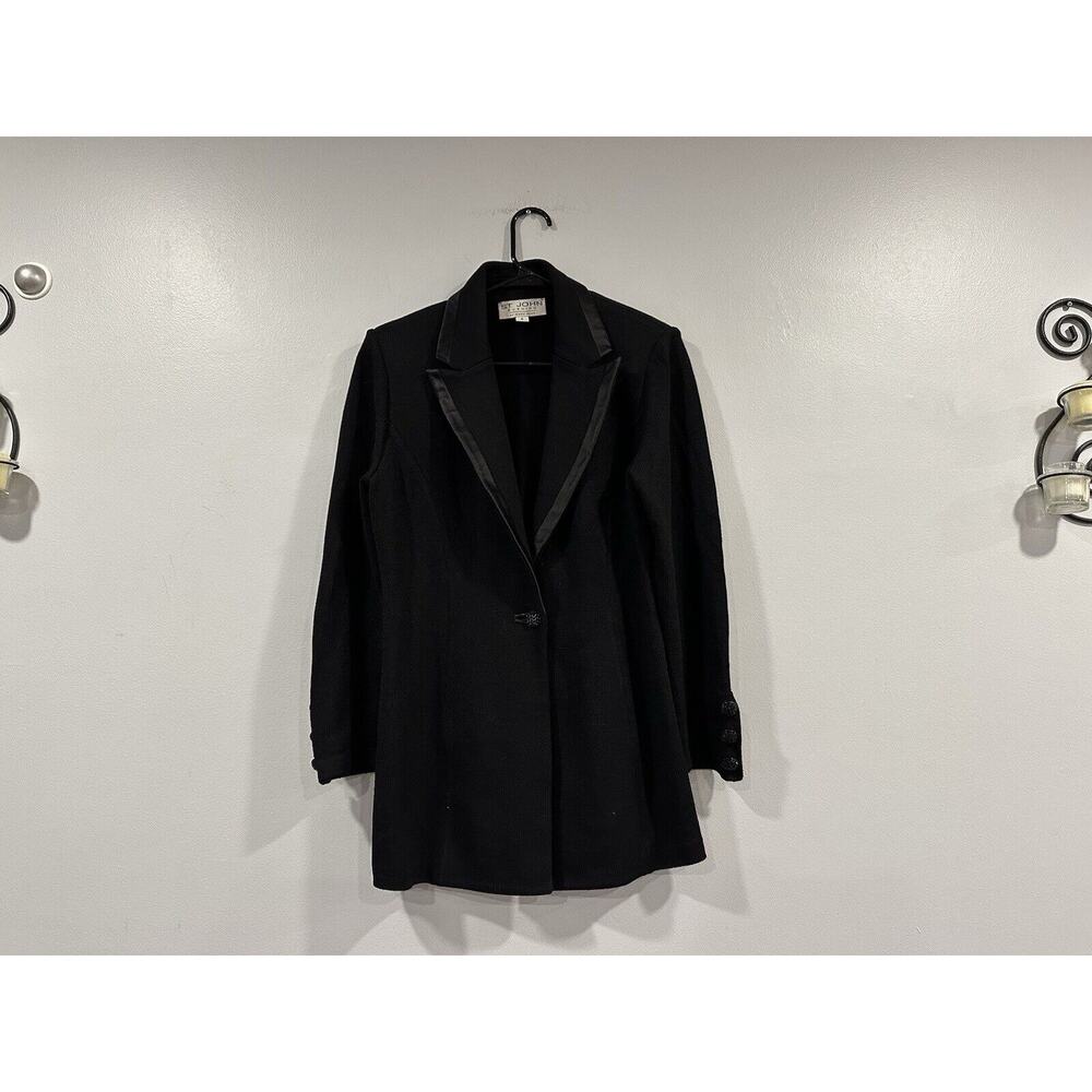 St. John Evening Black Santana Knit Satin Trim Jacket Rhinestone Button Size 6